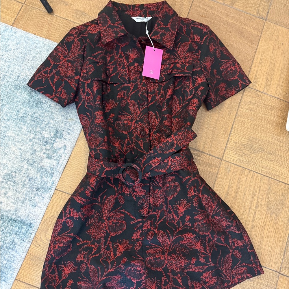 Amanda Uprichard Black with Red Floral Short-Sleeve Mini Dress